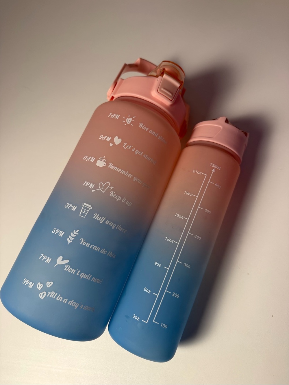 Gradient Pink and Blue Motivational Water Bottle Set